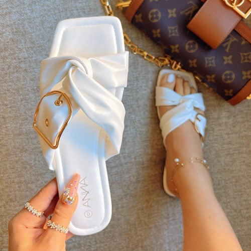 Cross Over Gold Buckle Slipper in White