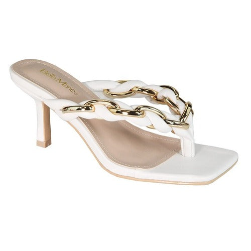 SLAY-4 Gold Chain Plait Heel Sandal White