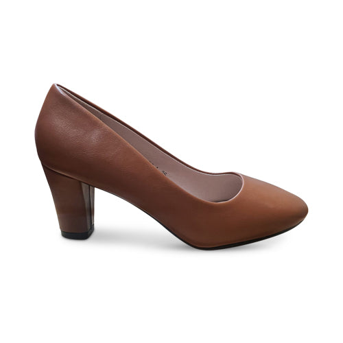 Block Heel Round Toe Pump in Brown