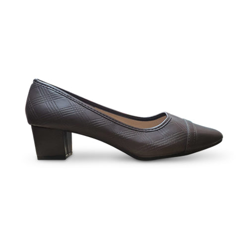 Plaid Emboss Block Heel Pump in Brown