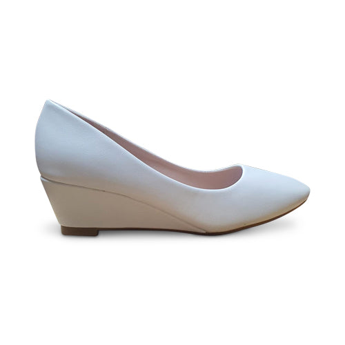 High Heel Wedge Round Toe Pump in White