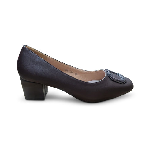 Enamel Buckle Block Heel Pump in Brown