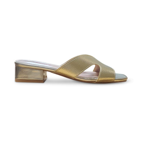 Cut-Out Pebbled Leather Block Heel Slipper Gold