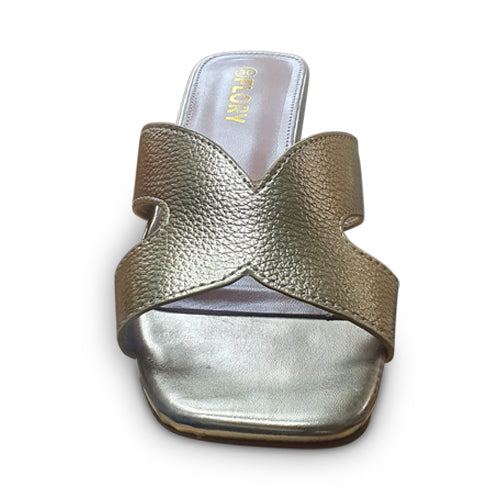 Cut-Out Pebbled Leather Block Heel Slipper Gold