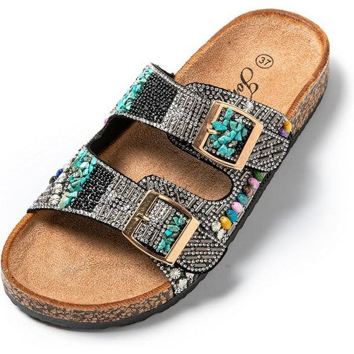 Boho Beaded 2-Buckle Slipper in Black