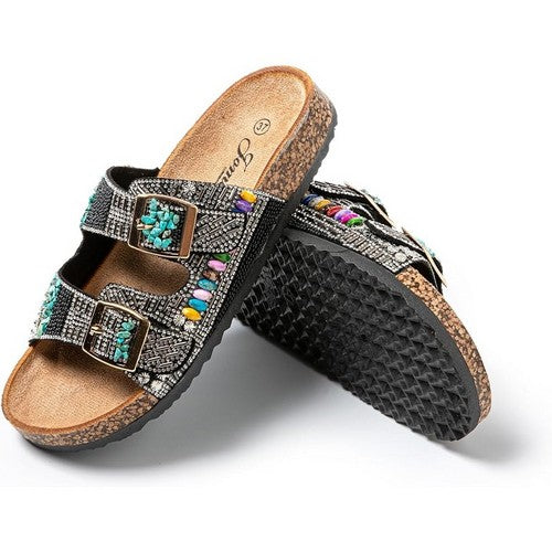 Boho Beaded 2-Buckle Slipper in Black