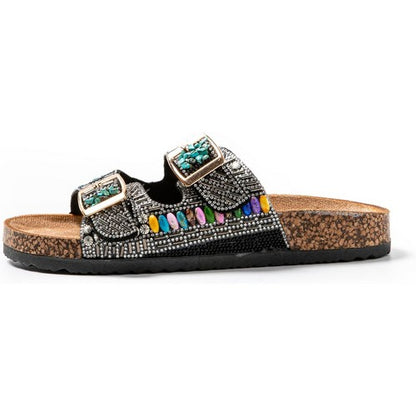 Boho Beaded 2-Buckle Slipper in Black