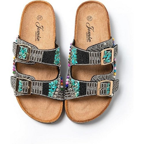 Boho Beaded 2-Buckle Slipper in Black