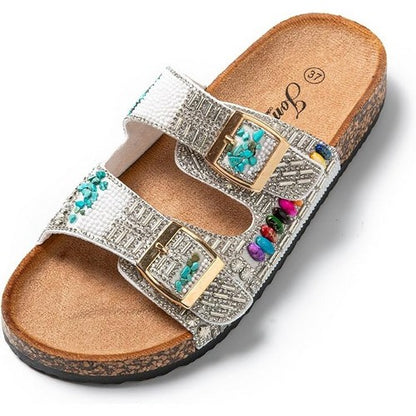 Boho Beaded 2-Buckle Slipper in White