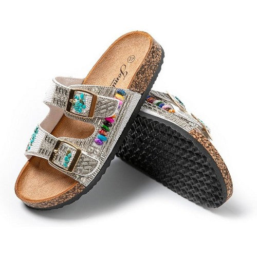 Boho Beaded 2-Buckle Slipper in White