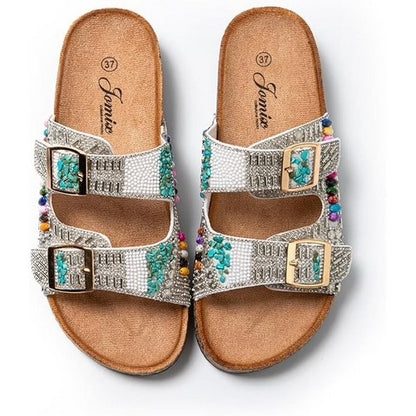 Boho Beaded 2-Buckle Slipper in White