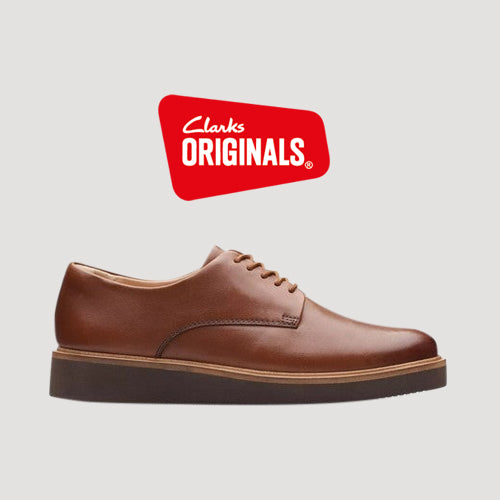 Clarks Original Glickly Derby Leather Shoe in Dark Tan