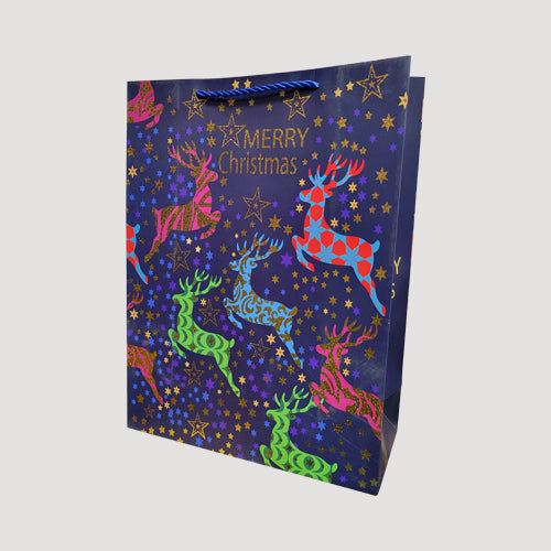 XL Metallic Christmas Gift Bag in Navy Reindeer Design