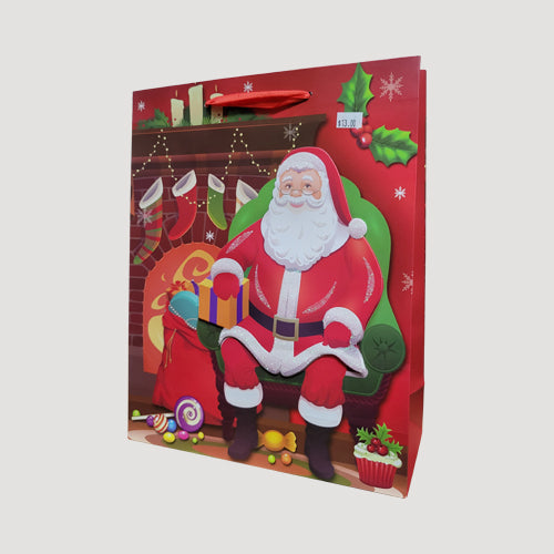 3D Jolly Santa Glitter Christmas Gift Bag in Fireside Santa's Design