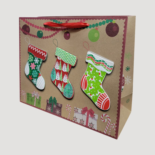 3D Kraft Large Christmas Gift Bag in Stockings Design