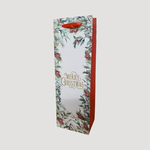Gold Glitter Ivory & Red Christmas Bottle Gift Bag in Holly & Ivy Design