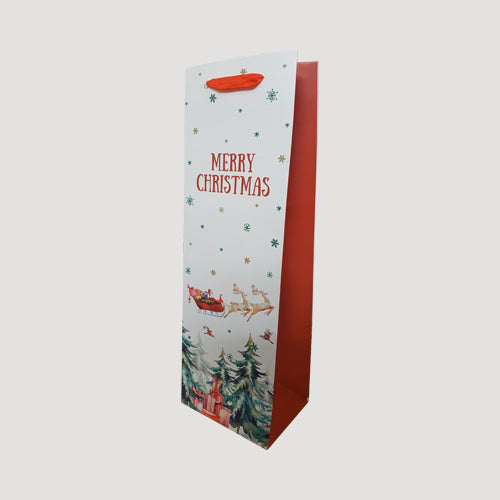 Ivory & Red Christmas Bottle Bag in Santa Sleigh & Reindeer Design