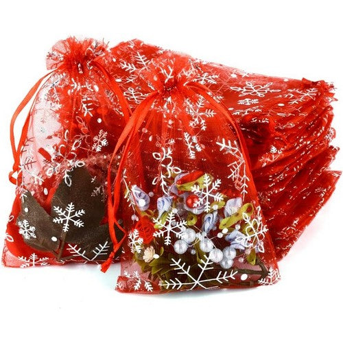 Snowflake Foil Print Organza Bag in Red