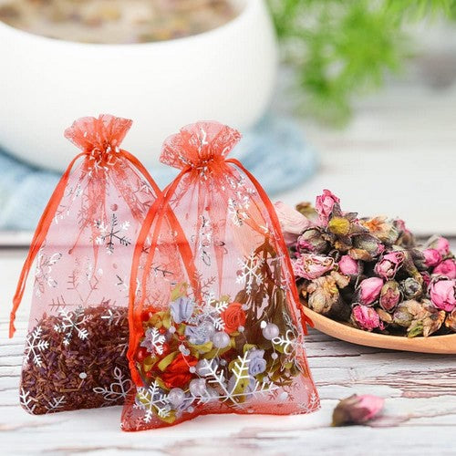 Snowflake Foil Print Organza Bag in Red