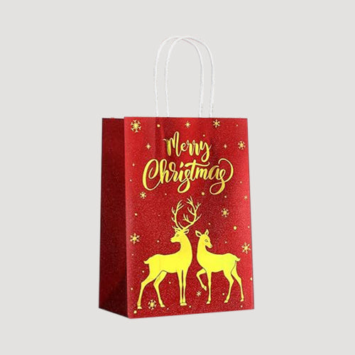 Red & Gold Foil Small Merry Christmas Gift Bag in Reindeer Design