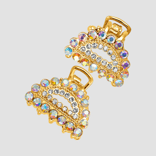 Rhinestone Mini Claw Spring Hair Clip 2pk in Gold/AB Crystal