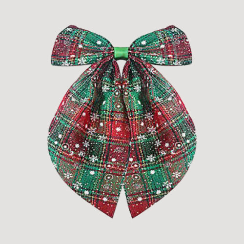 Oversized Plaid Hair Bow in Green & Red Snowflake