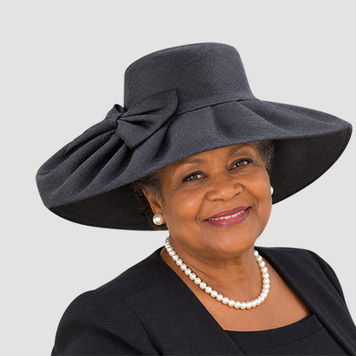 Pleated Wide Brim Straw Hat with Bow Black