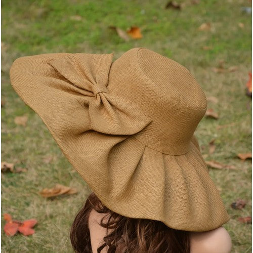 20163 Pleated Wide Brim Straw Hat with Bow Brown