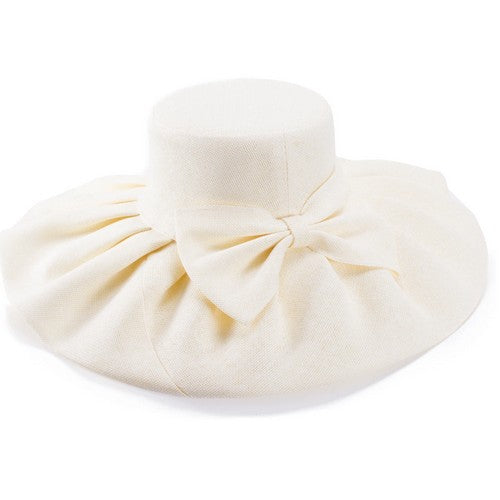 Pleated Wide Brim Straw Hat with Bow White