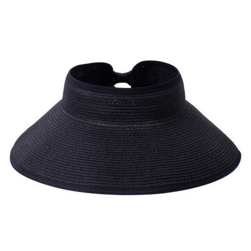 Rollable Bow Detail Jumbo Straw Visor in Black