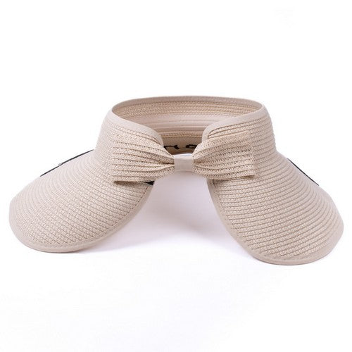 Always On Vacay Rollable Bow Detail Jumbo Straw Visor in Sand