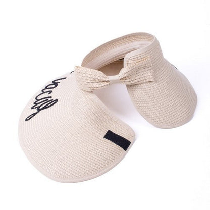 Always On Vacay Rollable Bow Detail Jumbo Straw Visor in Sand