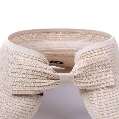 Always On Vacay Rollable Bow Detail Jumbo Straw Visor in Sand