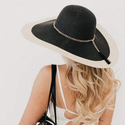 Gold Chain Jumbo Colour Block Straw Hat in Black/Natural