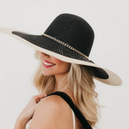 Gold Chain Jumbo Colour Block Straw Hat in Black/Natural