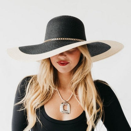 SP-PRI20250212734401 Chain Band 2 Tone Floppy Straw Hat in Black & Natural