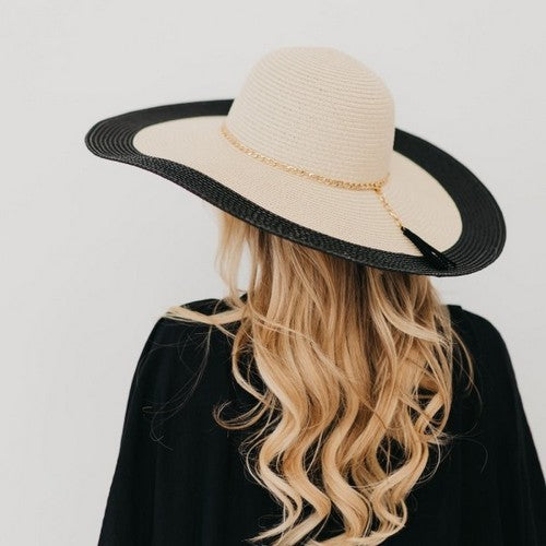 Gold Chain Jumbo Colour Block Straw Hat in Natural/Black