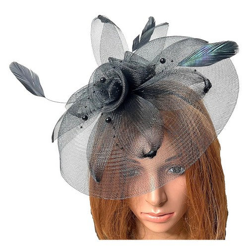 1008130414 Oversize Mesh Fascinator with Pearls Black