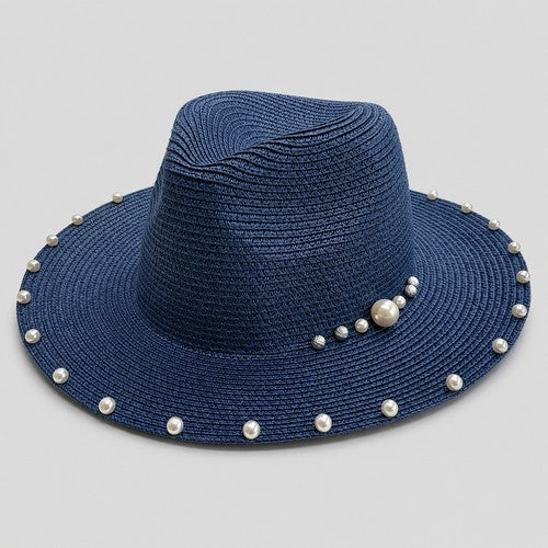 Pearl Trim Panama Straw Hat in Navy