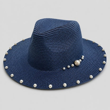 Pearl Trim Panama Straw Hat in Navy