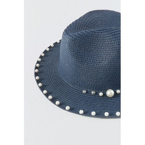 Q0202 Pearl Trim Fedora Straw Hat in Navy