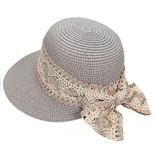 Crochet Bow Back Straw Hat in Grey