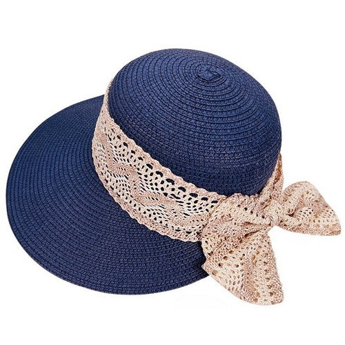 Crochet Bow Back Straw Hat in Navy