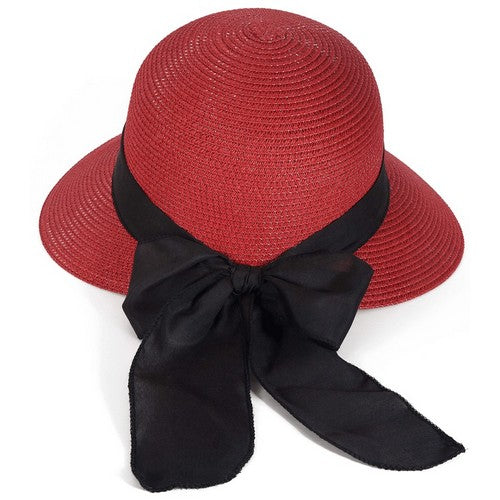 Straw Visor Hat with Black Bow Red