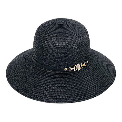 Rhinestone Buckle Detail Straw Hat in Black