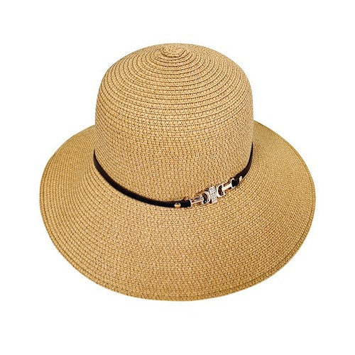 Rhinestone Buckle Detail Straw Hat in Khaki