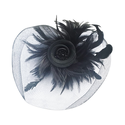 KM1259BK Oversize Mesh Feather Fascinator Black