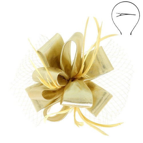 Feathered Loopy Bow Fascinator in Gold