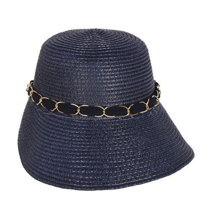 Gold Chain Straw Hat in Navy