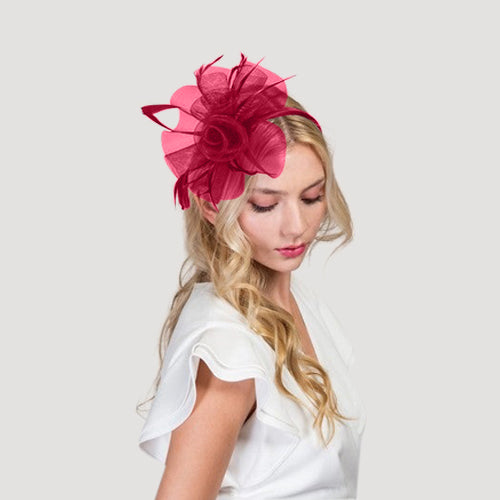 Feathered Sheer Mesh Fascinator in Burgundy